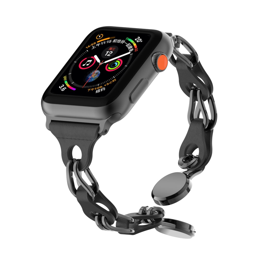 Uniqkart for Apple Watch Ultra 49mm / Series 8 7 45mm / 6 5 4 SE (2022) SE 44mm / 3 2 1 42mm Leather+Stainless Steel Chain Magnetic Buckle Watch Strap - Black Uniqkart for Apple Watch Ultra 49mm / Series 8 7 45mm / 6 5 4 SE (2022) SE 44mm / 3 2 1 42mm Leather+Stainless Steel Chain Magnetic Buckle Watch Strap - Black